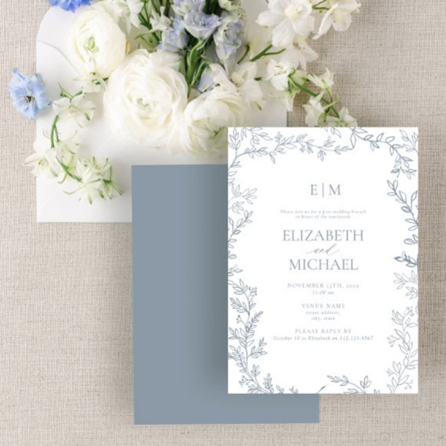 Leaf Dusty Blue Monogram Post Wedding Brunch Invitation (Creator Uploaded)
