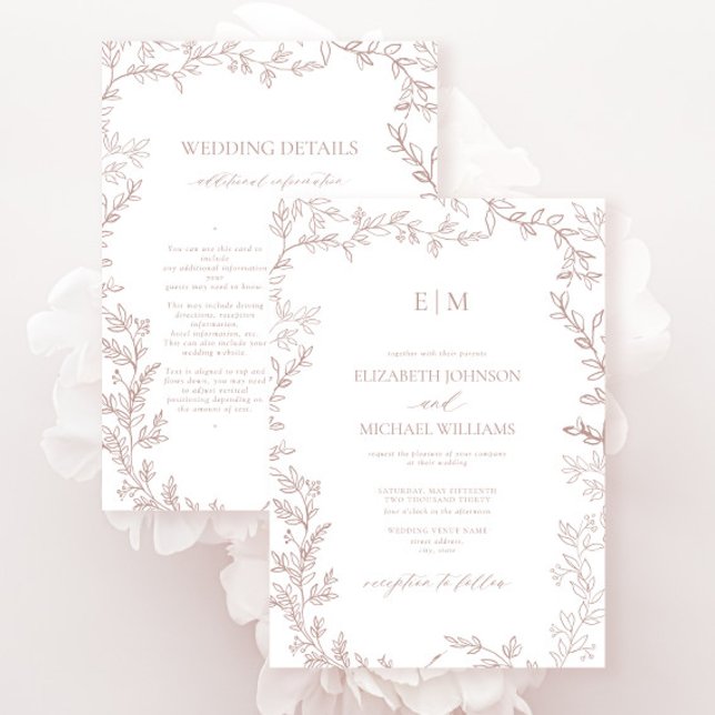 Leaf Dusty Rose Elegant Monogram Details Wedding Invitation (Creator Uploaded)