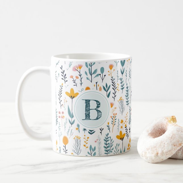 Leaf Floral Pattern Alphabet Coffee Coffee Mug (With Donut)
