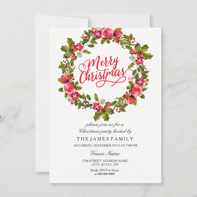 Leaf Floral Wreath Red Christmas Party Invite (Front)