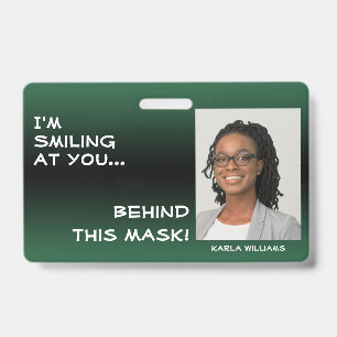 Leaf Green & Black Ombre Smiling Hello Behind Mask ID Badge