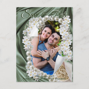 Leaf Green Silk  & Ivory Pearls Save the Date Announcement Postcard