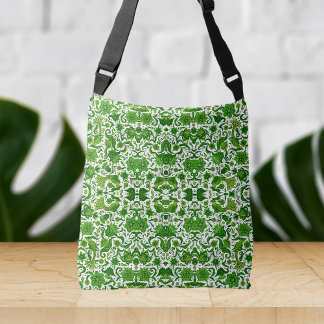 LEAF GREEN VINTAGE TROPICAL FOLK ART PRINT CROSSBODY BAG