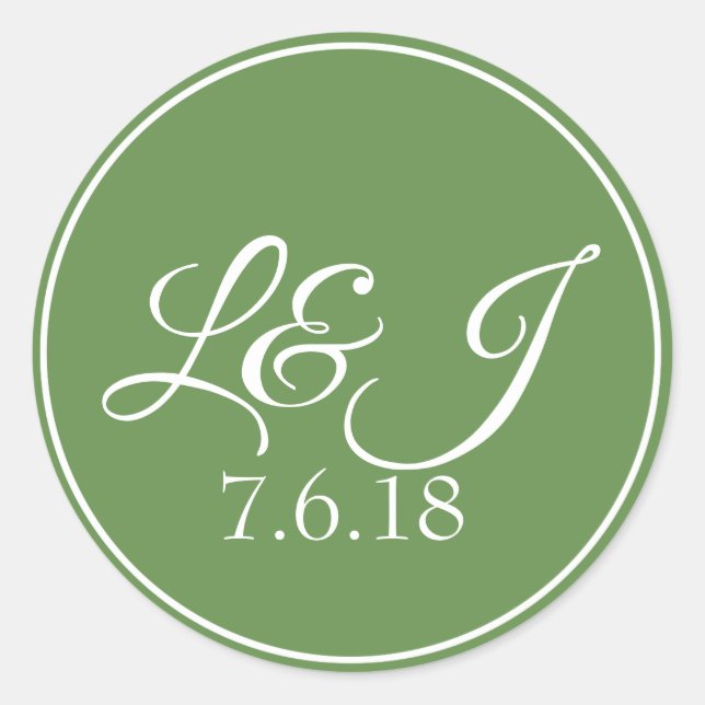 Leaf Green & White Couple's Initals & Wedding Date Classic Round Sticker (Front)