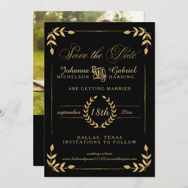Leaf Greenery Gold Black Save the Date Photo (Front/Back)
