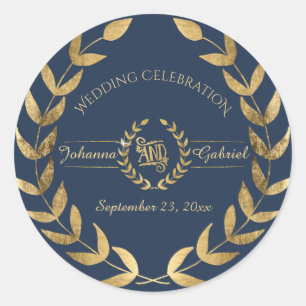 Leaf Greenery Wreath Navy Gold Wedding Celebration Classic Round Sticker