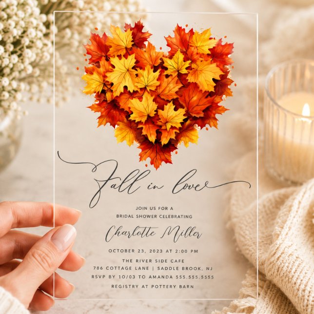 Leaf Heart Fall In Love Bridal Shower Acrylic Invitations (Creator Uploaded)