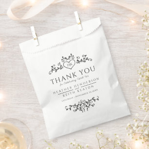 Leaf heart monogram black white wedding thank you favour bag
