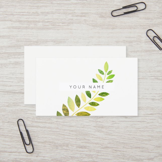 Leaf Laurel Fern Botanic Green Emerald White Business Card (Front/Back In Situ)