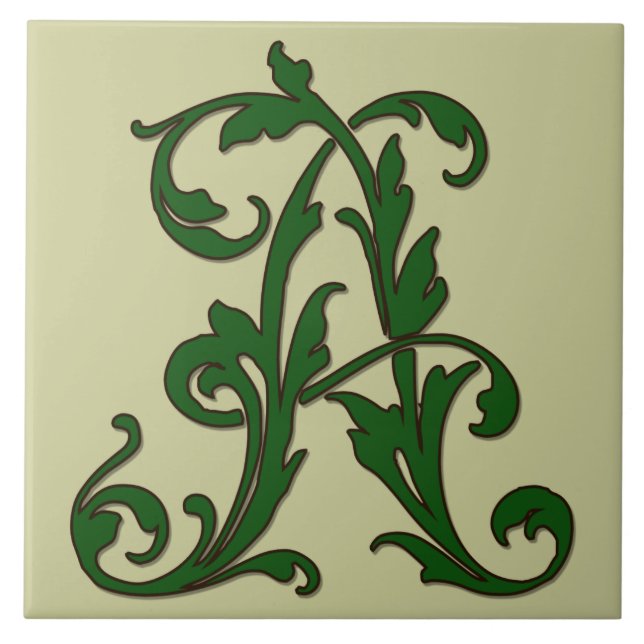 Leaf Letter A in Green Monogram Tile (Front)