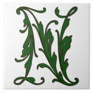 Leaf Letter N in Green Monogram Tile