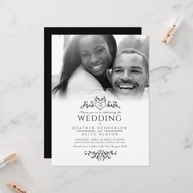 Leaf line art heart monogram black wedding photo invitation (Front/Back In Situ)