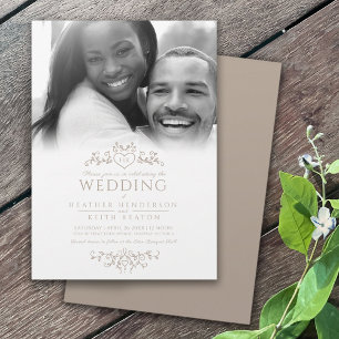 Leaf line art heart monogram brown wedding photo invitation
