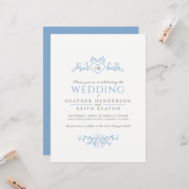 Leaf line art heart monogram light blue wedding invitation (Front/Back In Situ)
