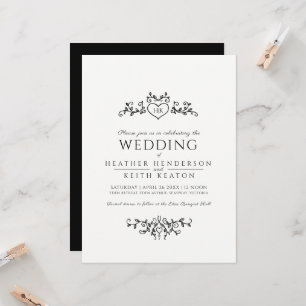 Leaf line art heart monogram mono wedding invitation
