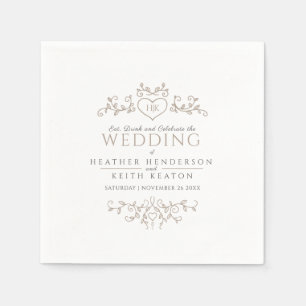 Leaf line art heart monogram tan wedding napkins