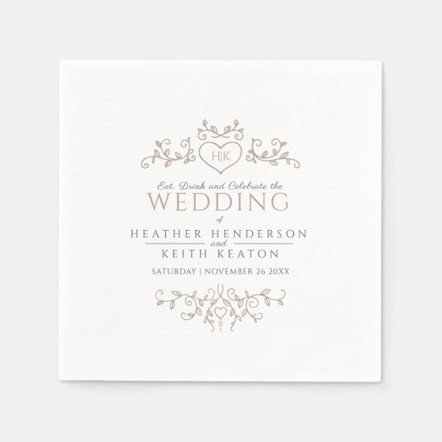 Leaf line art heart monogram tan wedding  napkins (Front)