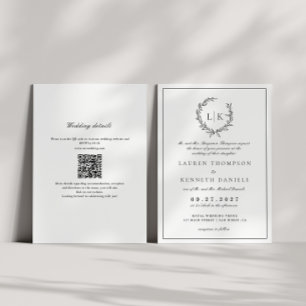 Leaf Monogram Crest Black White QR Code Wedding Invitation