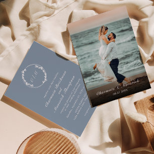 Leaf Monogram Dusty Blue Photo Wedding Invitation