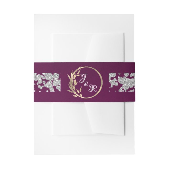Leaf Monogram & Glitter on Plum Invitation Belly Band (Front Example)