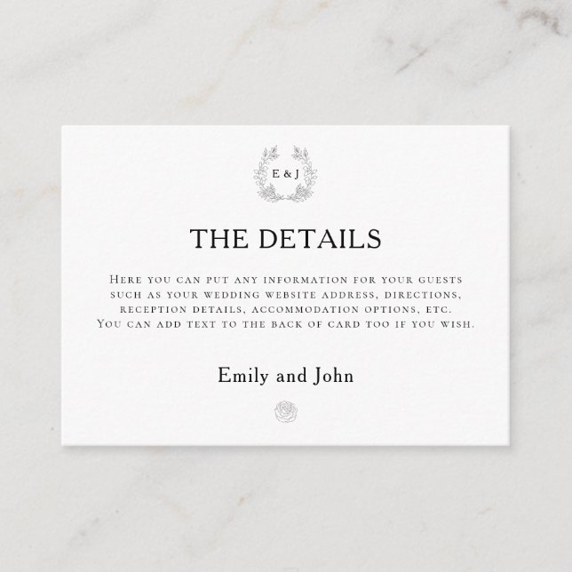 Leaf Monogram Initials Black text Wedding Details Enclosure Card (Front)