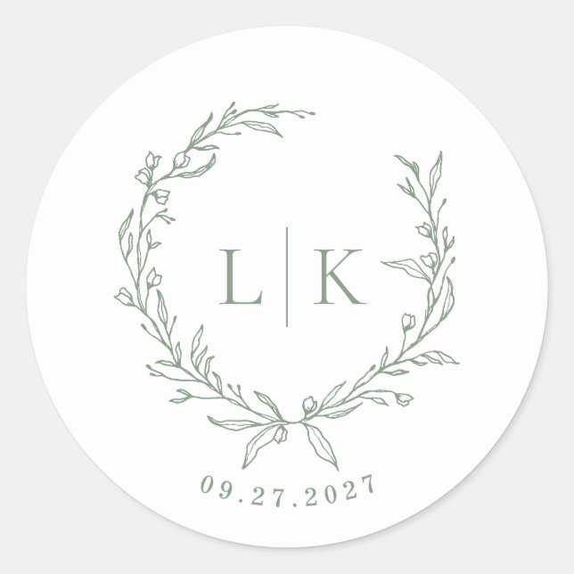 Leaf Monogram Sage Green Wedding Classic Round Sticker (Front)