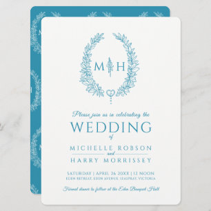 Leaf oval line art wedding aqua teal and white invitation