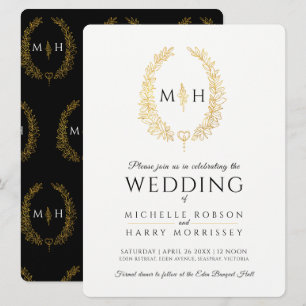 Leaf oval line art wedding black and gold on white invitation