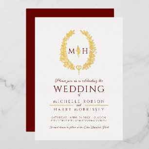 Leaf oval line art wedding burgundy red gold foil 