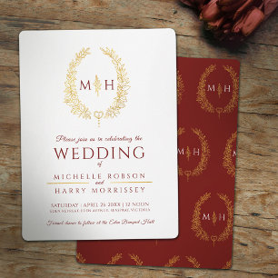 Leaf oval line art wedding burgundy red gold invitation