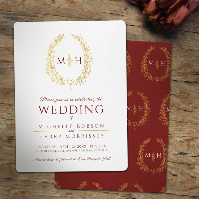 Leaf oval line art wedding burgundy red gold invitation (Creator Uploaded)