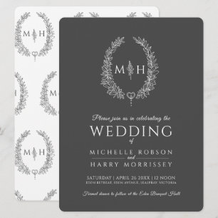 Leaf oval line art wedding dark grey and white invitation