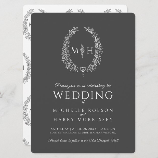 Leaf oval line art wedding dark grey and white invitation (Front/Back)