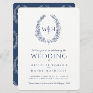 Leaf oval line art wedding navy blue and white invitation