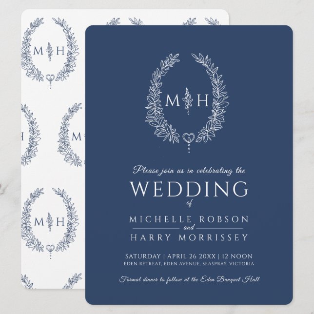 Leaf oval line art wedding navy blue and white invitation (Front/Back)