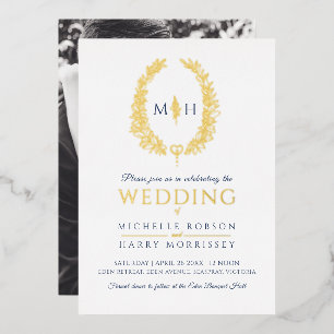 Leaf oval line art wedding navy blue gold white