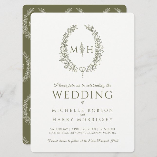 Leaf oval line art wedding olive green and white invitation (Front/Back)