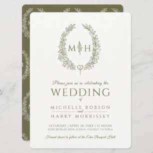 Leaf oval line art wedding olive green and white invitation