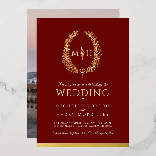 Leaf oval line art wedding photo burgundy red gold (Front/Back)