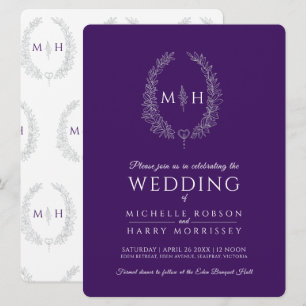 Leaf oval line art wedding silver purple and white invitation