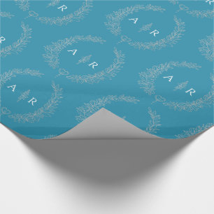 Leaf oval monogram drawing silver on teal aqua wrapping paper