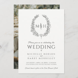 Leaf oval wreath wedding charcoal grey white photo invitation