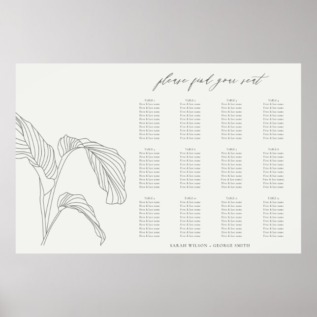 Leaf Palm Sketch Black White Wedding Seating Chart (Front)