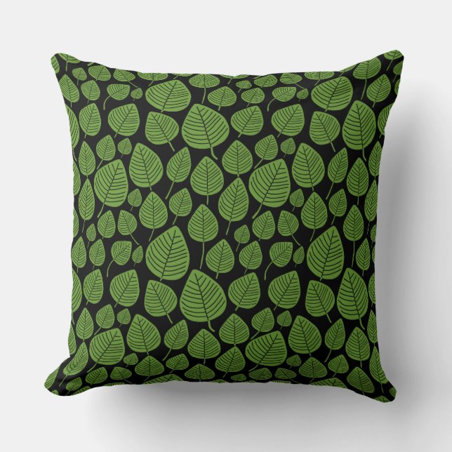 Leaf Pattern 02 - Avocado Green on Black Cushion (Front)
