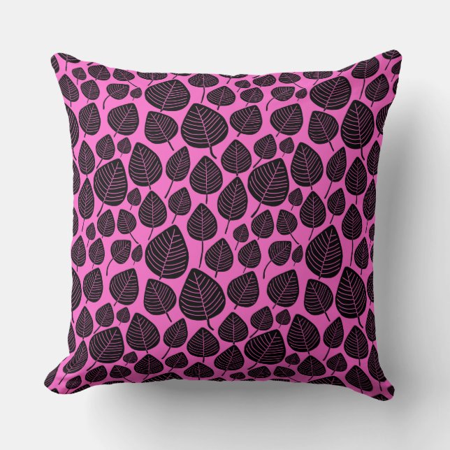 Leaf Pattern 02 - Black on Deep Pink Cushion (Front)
