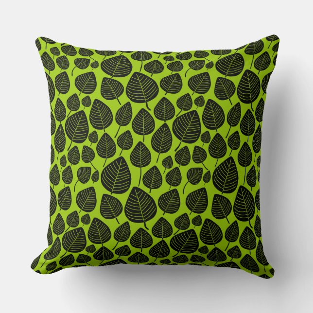 Leaf Pattern 02 - Black on Martian Green Cushion (Front)