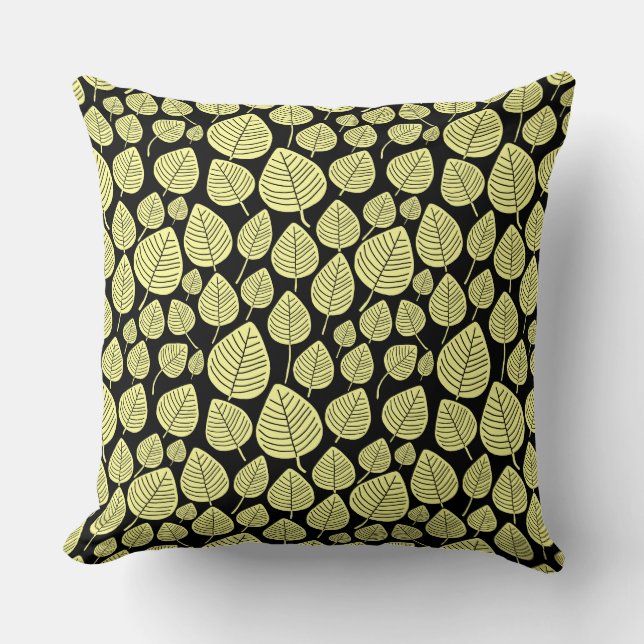 Leaf Pattern 02 - Chalk Yellow on Black Cushion (Front)