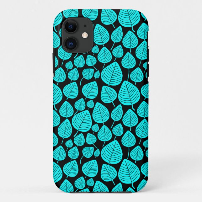 Leaf Pattern 02 - Cyan on Black Case-Mate iPhone Case (Back)