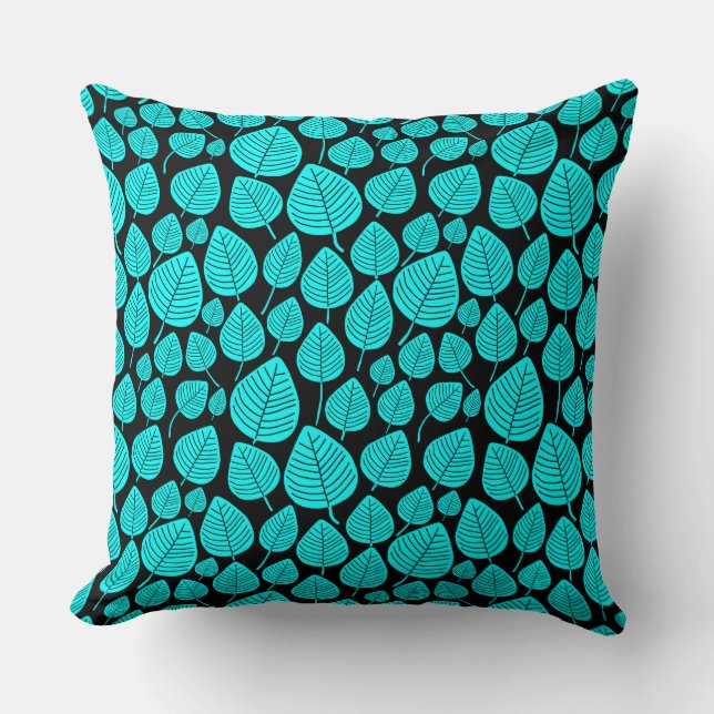 Leaf Pattern 02 - Cyan on Black Cushion (Front)