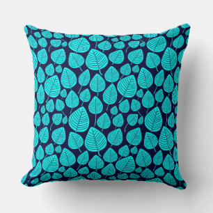 Leaf Pattern 02 - Cyan on Dark Navy Cushion